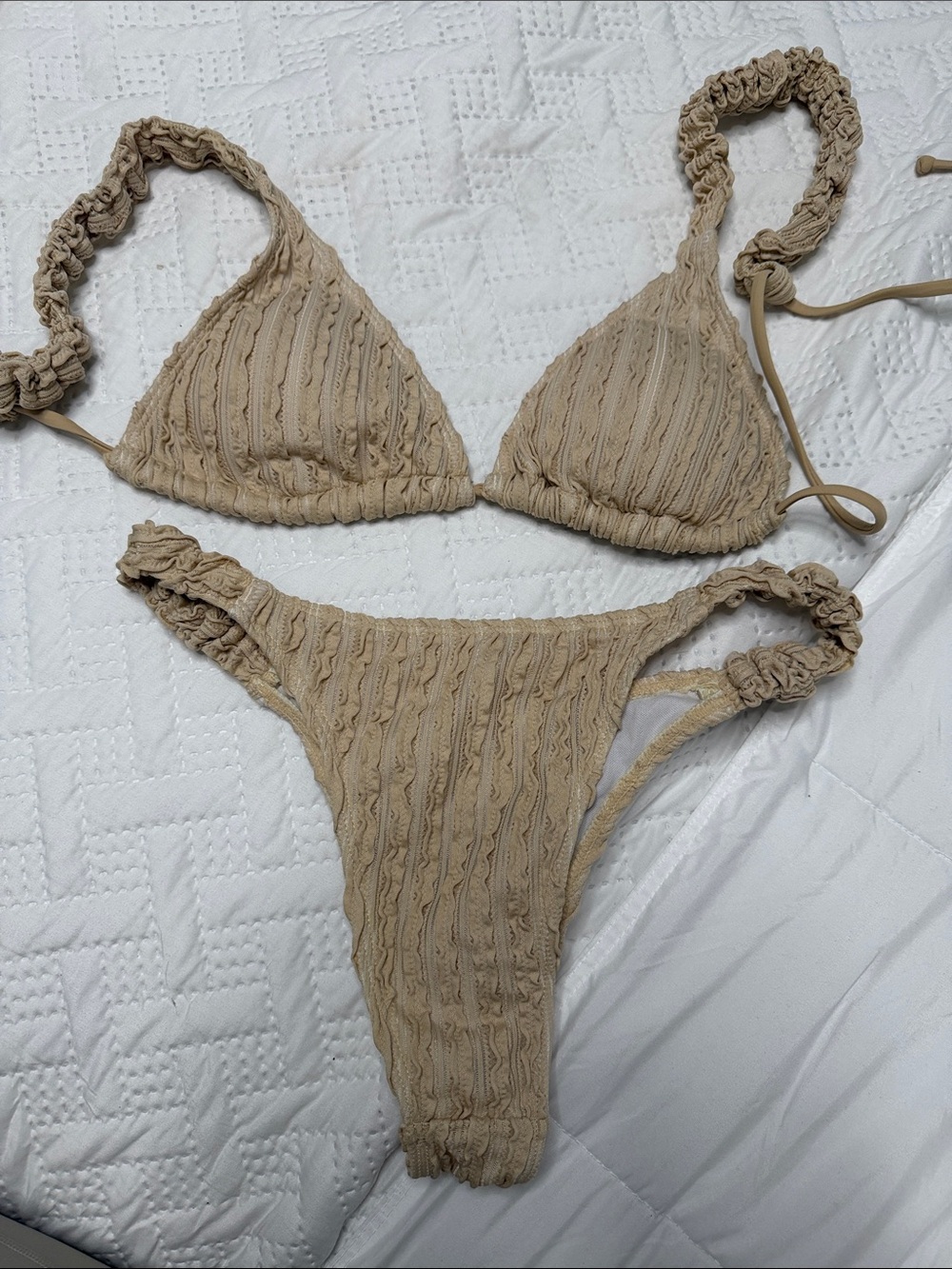 Beige Textured Ruched Bikini Set